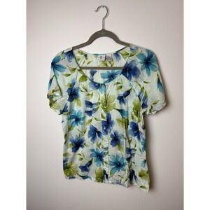 Caribbean Joe Blouse Top Women Medium Floral Teal Button Down Short Sleeve